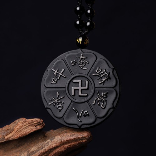 Natural Black Obsidian Om Mani Padme Hum Luck Necklace Natural Black Obsidian Om Mani Padme Hum Luck Necklace