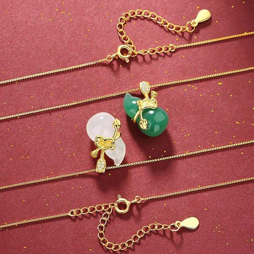 Cyan Jade Gourd Lotus Leaf Abundance Necklace Cyan Jade Gourd Lotus Leaf Abundance Necklace