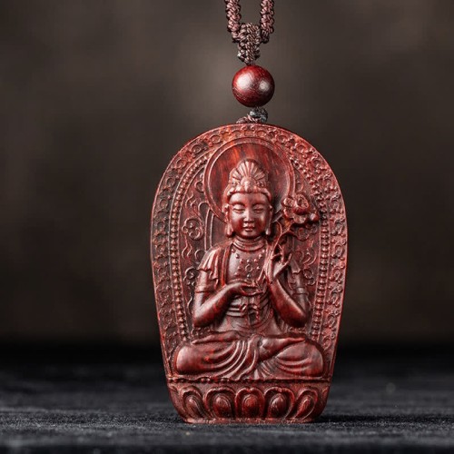 Chinese Zodiac Buddha Red Sandalwood Lotus Necklace