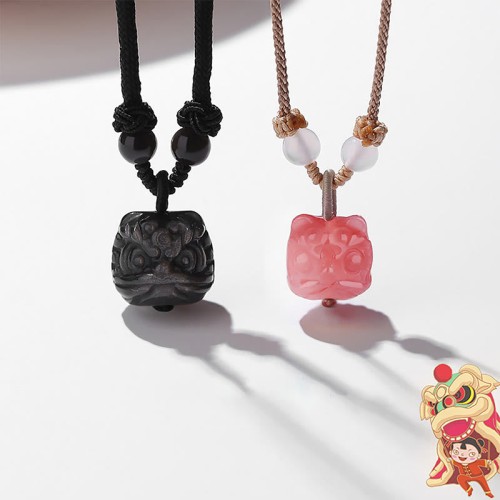 Silver Sheen Obsidian Red Agate Dancing Lion Necklace