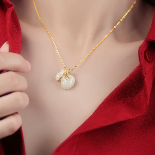 Natural Hetian White Jade Money Bag Necklace