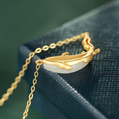 925 Silver White Jade Dolphin Luck Necklace