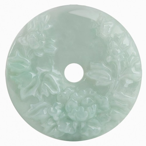 Round Jade Peace Buckle Peony Flower Pendant Necklace