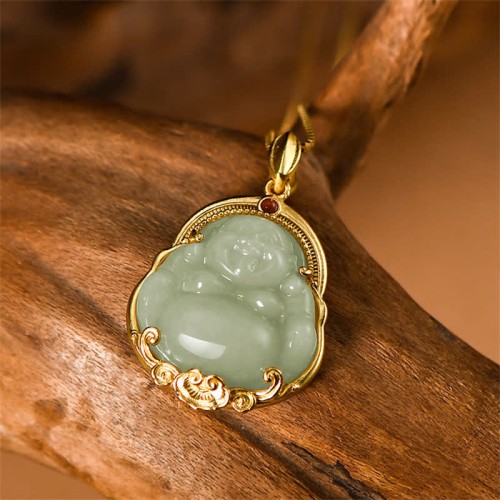 Sterling Silver Laughing Buddha Jade Luck Necklace
