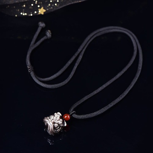 Silver Sheen Obsidian Dancing Lion Necklace