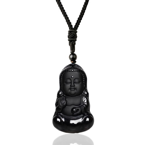 Black Obsidian Crystal Buddha Protection Necklace Black Obsidian Crystal Buddha Protection Necklace