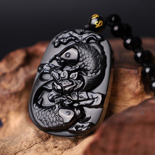 Black Obsidian Koi Fish Lotus Strength Necklace Black Obsidian Koi Fish Lotus Strength Necklace