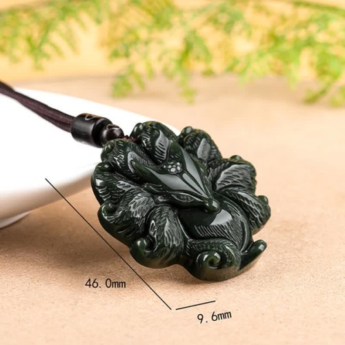 Hetian Cyan Jade Nine-Tailed Fox Luck Necklace