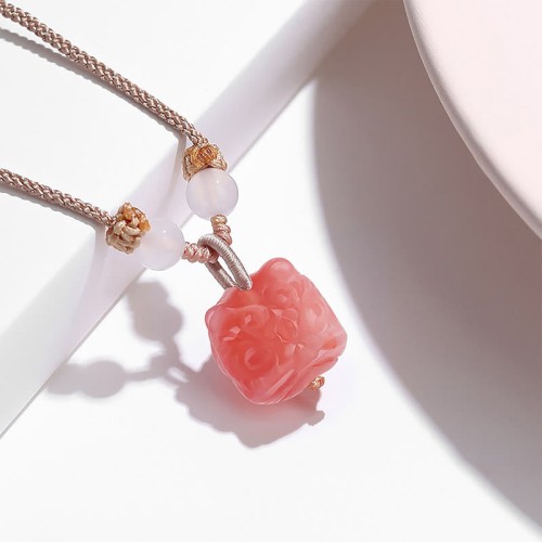 Silver Sheen Obsidian Red Agate Dancing Lion Necklace