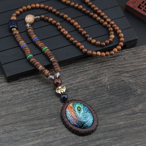 Wenge Wood Bodhi Seed Agate Elephant Protection Necklace Pendant