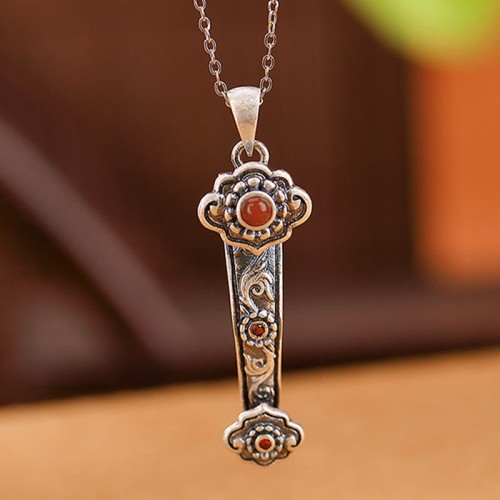 925 Sterling Silver Red Agate Cyan Jade Ruyi Blessing Necklace 925 Sterling Silver Red Agate Cyan Jade Ruyi Blessing Necklace