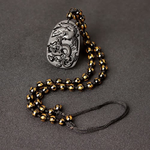 Black Obsidian Tiger Eye Dragon Phoenix Necklace Black Obsidian Tiger Eye Dragon Phoenix Necklace