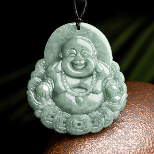 Laughing Buddha Jade Copper Coin Abundance Necklace