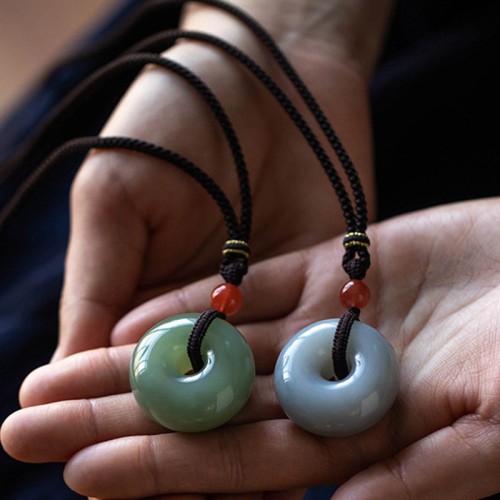 Round Jade Gray Jade Peace Luck Necklace Pendant