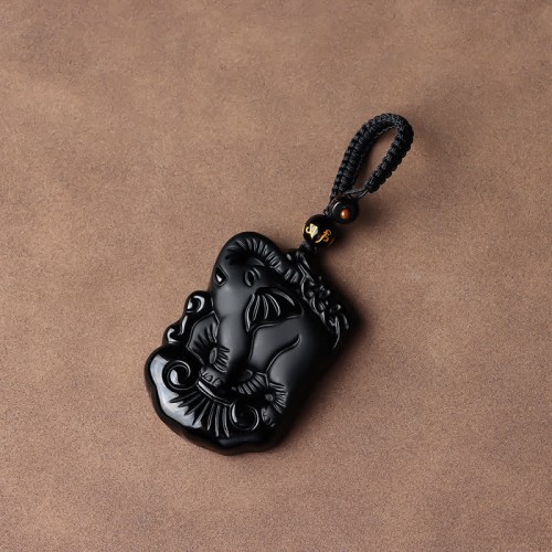 Black Obsidian Elephant Protection Key Chain Necklace Pendant