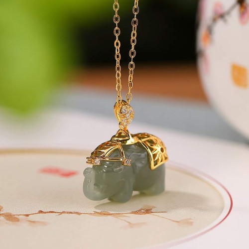 925 Sterling Silver Jade Elephant Blessing Necklace