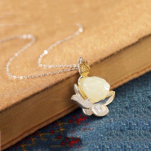 White Jade Lotus Flower Happiness Necklace White Jade Lotus Flower Happiness Necklace