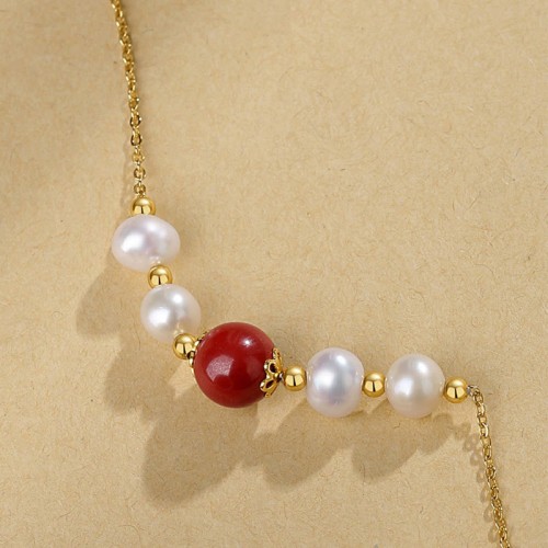 925 Silver Pearl Cinnabar Healing Bead Chain Necklace 925 Silver Pearl Cinnabar Healing Bead Chain Necklace
