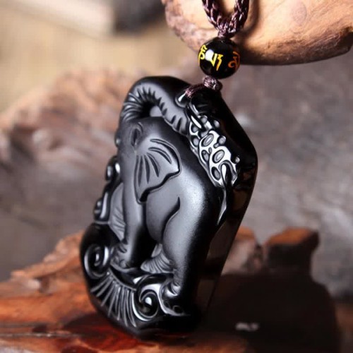 Black Obsidian Elephant Protection Key Chain Necklace Pendant