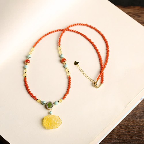 Red Agate Amber Peony Confidence Necklace Pendant