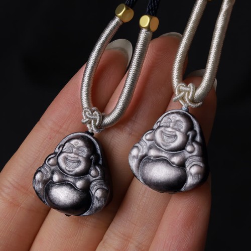 Silver Sheen Obsidian Laughing Buddha Protection Pendant