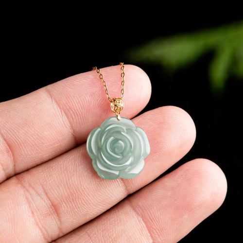 Gold Sterling Silver Natural Jade Rose Luck Necklace Gold Sterling Silver Natural Jade Rose Luck Necklace
