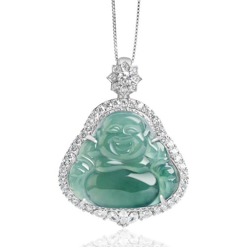 925 Sterling Silver Laughing Buddha Jade Luck Necklace Pendant