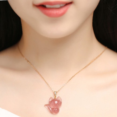 14k Gold Plated 925 Sterling Silver Strawberry Quartz Fox Healing Pendant 14k Gold Plated 925 Sterling Silver Strawberry Quartz Fox Healing Pendant