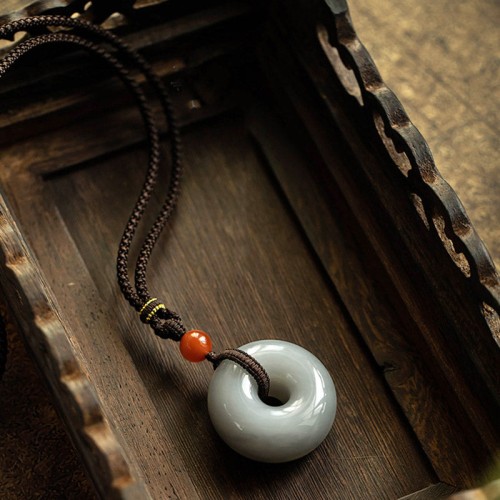 Round Jade Gray Jade Peace Luck Necklace Pendant