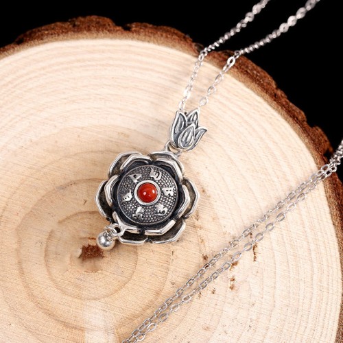 Silver Om Mani Padme Hum Lotus Peace Pendant