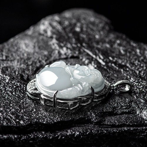 925 Sterling Silver Laughing Buddha Jade Necklace