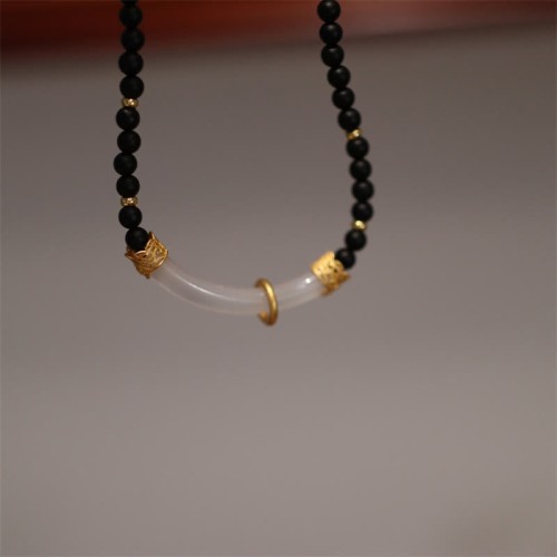 Black Onyx Chalcedony Protection Beaded Pendant