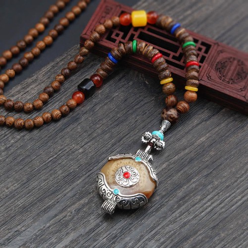 Wenge Wood Bodhi Seed Agate Elephant Protection Necklace Pendant