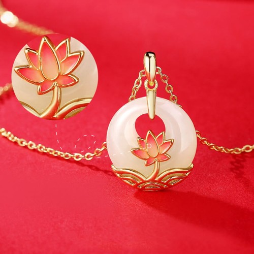 925 Sterling Silver Hetian White Jade Lotus Necklace