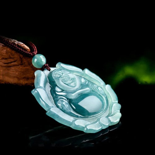 Natural Jade Laughing Buddha Lotus Pattern Necklace