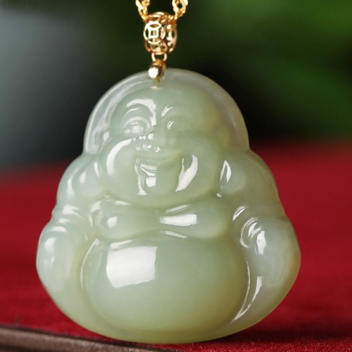Sterling Silver Laughing Buddha Cyan Jade Success Necklace
