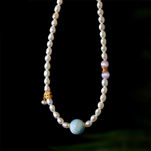 Sterling Silver Pearl Larimar Sincerity Necklace Pendant Sterling Silver Pearl Larimar Sincerity Necklace Pendant