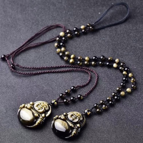 Laughing Buddha Gold Obsidian Wealth Necklace