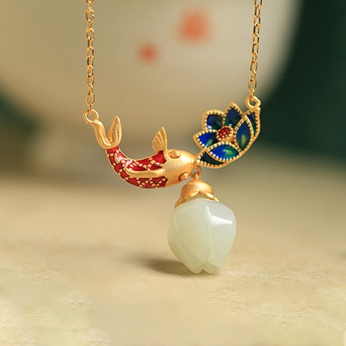 925 Sterling Silver White Jade Koi Fish Lotus Necklace 925 Sterling Silver White Jade Koi Fish Lotus Necklace