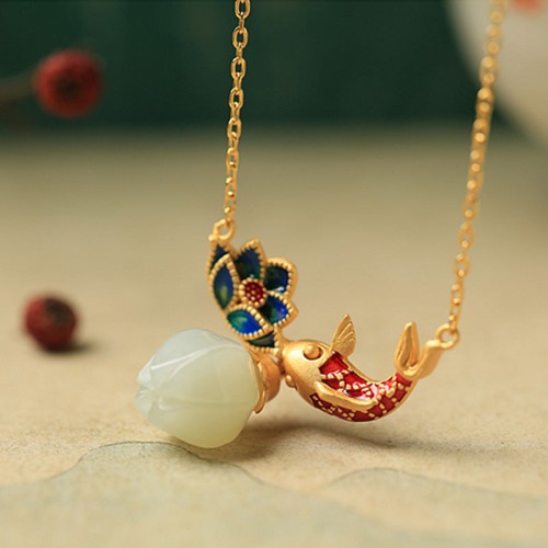 925 Sterling Silver White Jade Koi Fish Lotus Necklace 925 Sterling Silver White Jade Koi Fish Lotus Necklace