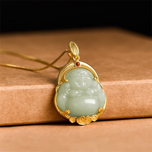 Sterling Silver Laughing Buddha Jade Luck Necklace