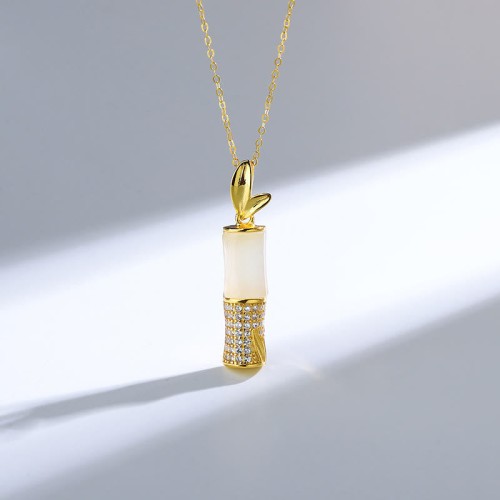 925 Sterling Silver Hetian White Jade Bamboo Happiness Necklace 925 Sterling Silver Hetian White Jade Bamboo Happiness Necklace