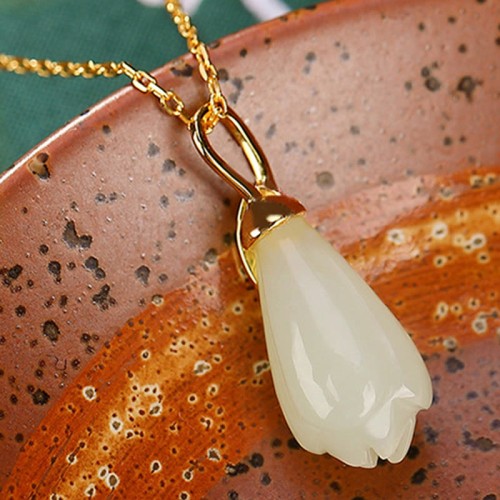 925 Silver Plated Gold Hetian Jade Magnolia Abundance Pendant