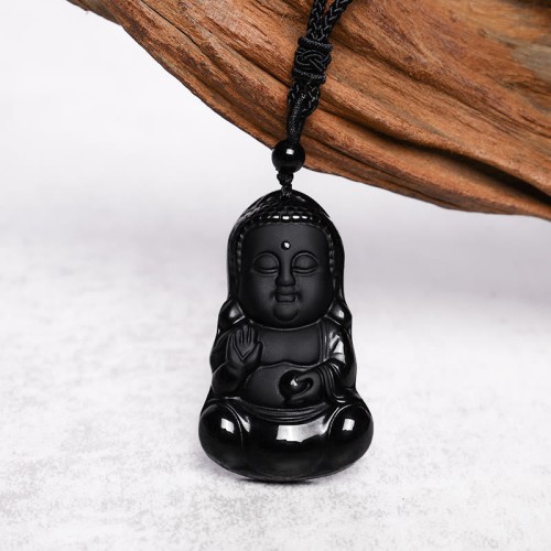 Black Obsidian Crystal Buddha Protection Necklace Black Obsidian Crystal Buddha Protection Necklace