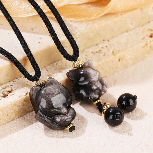 Silver Sheen Obsidian Nine-Tailed Fox Protection Necklace