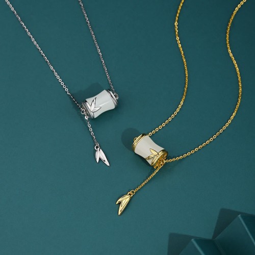925 Silver Hetian White Jade Bamboo Leaf Necklace 925 Silver Hetian White Jade Bamboo Leaf Necklace