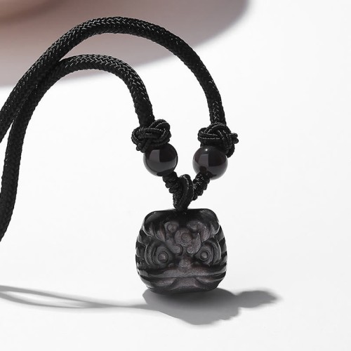 Silver Sheen Obsidian Red Agate Dancing Lion Necklace