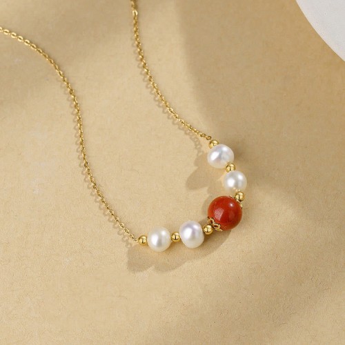 925 Silver Pearl Cinnabar Healing Bead Chain Necklace 925 Silver Pearl Cinnabar Healing Bead Chain Necklace