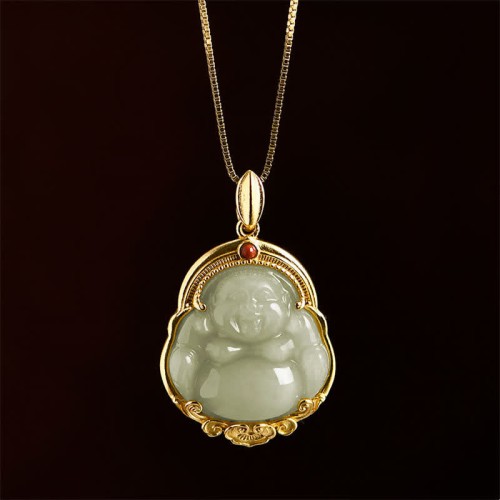 Sterling Silver Laughing Buddha Jade Luck Necklace
