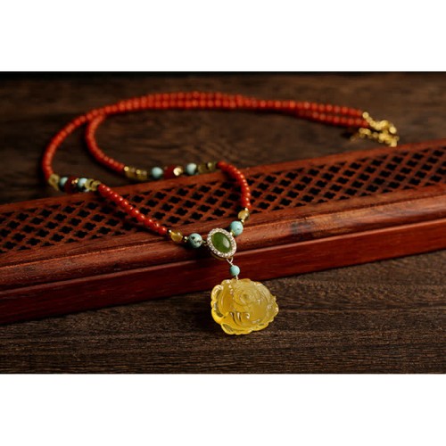 Red Agate Amber Peony Confidence Necklace Pendant